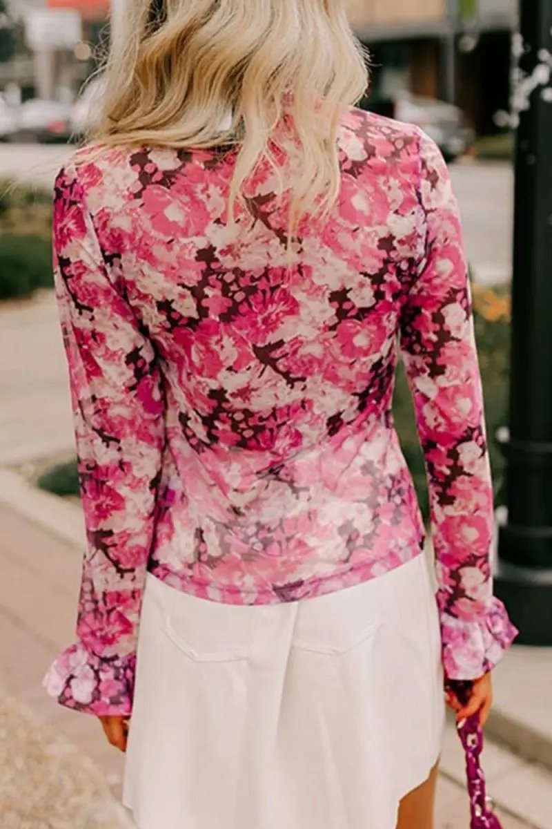 Floral Print Turtleneck Ruffle Sleeve Top - Love Salve